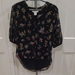 APRICOT Black Floral Button-Front Blouse with Puff Sleeves